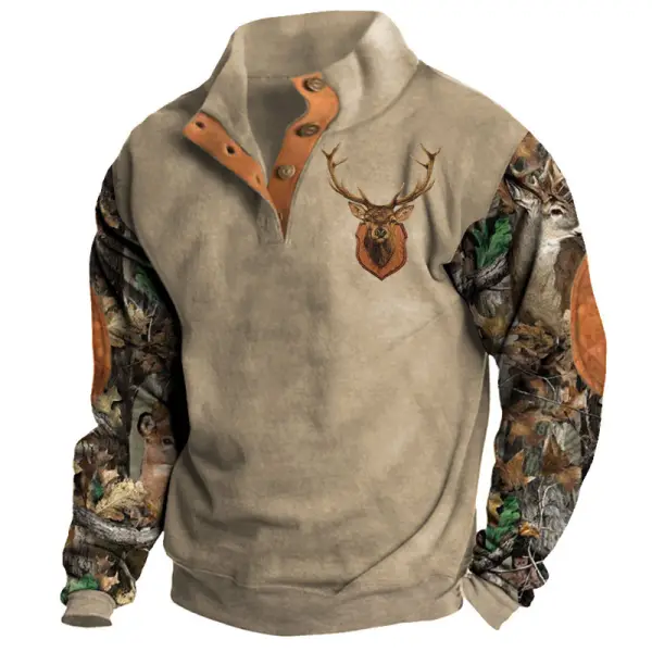 Men's Retro Color Block Hunting Elk Print Sweatshirt Outdoor Half Open Collar Pullover - Sunhopebloom.com 