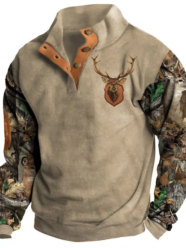 Men's Retro Color Block Hunting Elk Print Sweatshirt Outdoor Half Open Collar Pullover - Businesuniontrade.com 