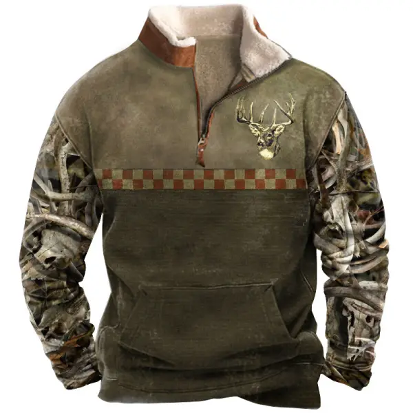 Men's Retro Fleece Color Block Hunting Elk Print Sweatshirt Outdoor Half Open Collar Pullover - Sunhopebloom.com 