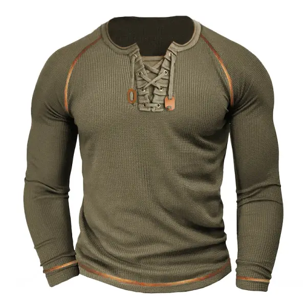 Men's T-Shirt Lace-Up Vintage Waffle Long Sleeve Outdoor Daily Tops - Elementnice.com 