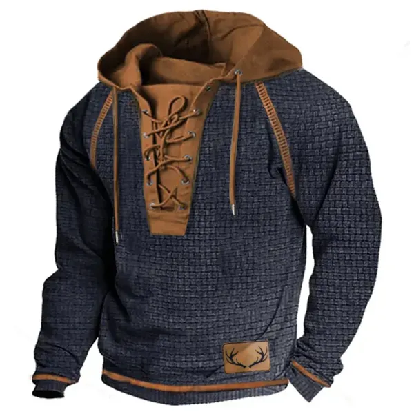 Men's Deer Outdoor Casual Waffle Drawstring Hoodie Sweatshirt Long Sleeve Vintage Contrast Tactical Pullover - Menzfolk.com 