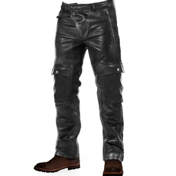 Men's Retro Leather Motorcycle Pocket Outdoor Business Casual Pants - Keymimi.com 