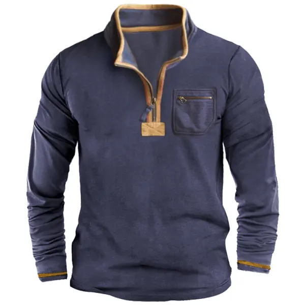 Men's Retro Color Block 1/4 Zip T-Shirt Everyday Casual Pocket Long Sleeve Pullover Only $27.99 - Elementnice.com 