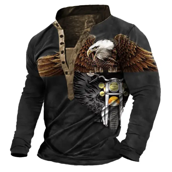 Men's T-Shirt Henley Vintage Eagle Motorcycle Print Long Sleeve Daily Tops - Manlyhost.com 