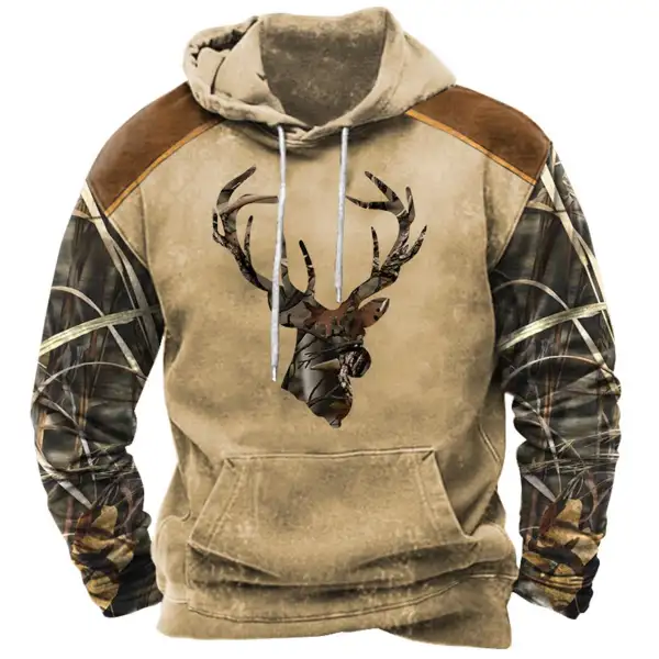 Men's Hoodie Vintage Antler Deer Head Camo Hunting Print Pocket Long Sleeve Daily Tops - Sunhopebloom.com 