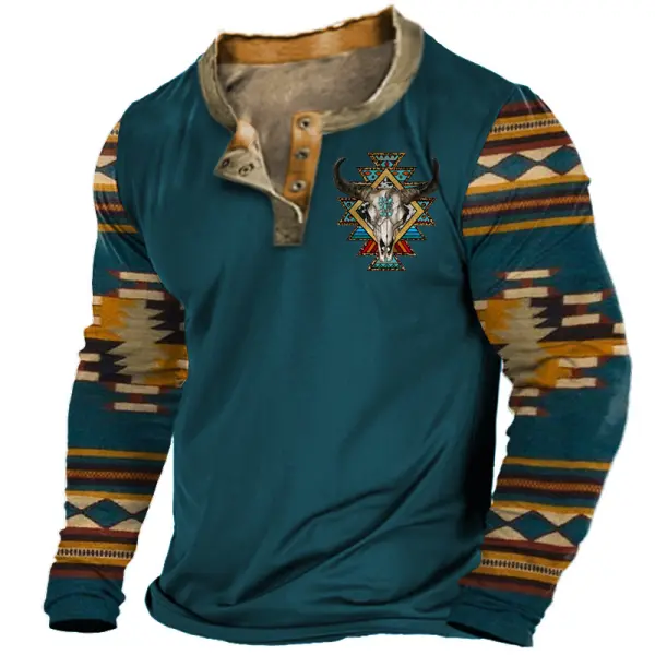 Men's Vintage Western Ethnic Print Color Block Henley Casual Long Sleeve T-Shirt - Dozenlive.com 