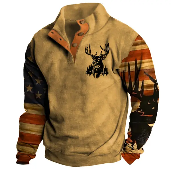 Men's Western American Elk Print Color Block Stand Collar Sweatshirt - Dozenlive.com 