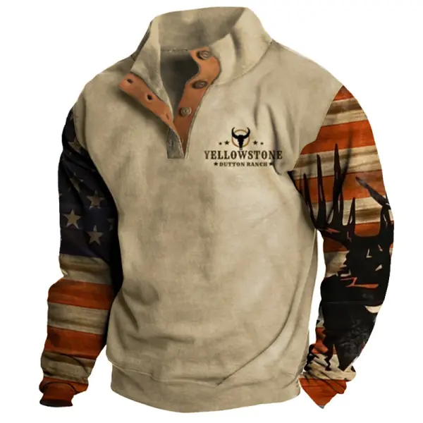 Men's Western Yellowstone Print Color Block Stand Collar Sweatshirt - Dozenlive.com 