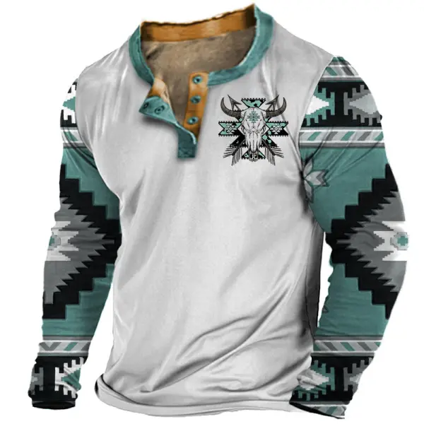 Men's Vintage Western Ethnic Print Color Block Henley Casual Long Sleeve T-Shirt - Nicheten.com 