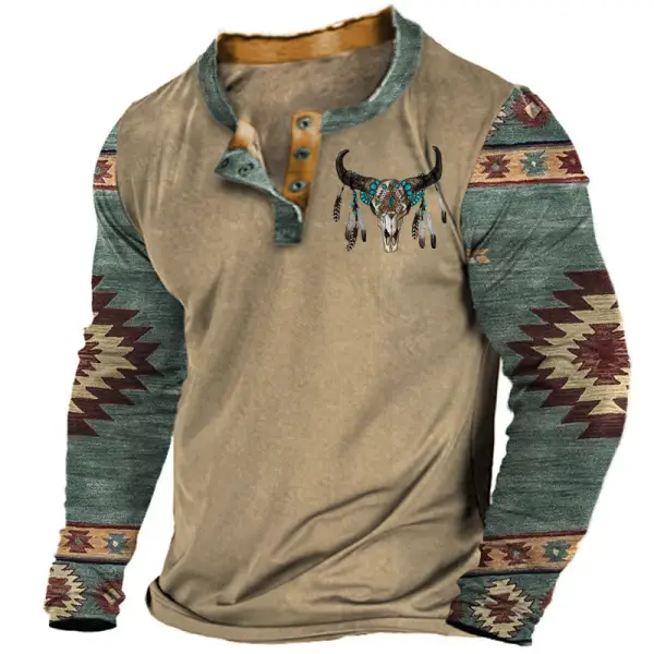 Men's Vintage Western Ethnic Print Color Block Henley Casual Long Sleeve T-Shirt - Anurvogel.com 