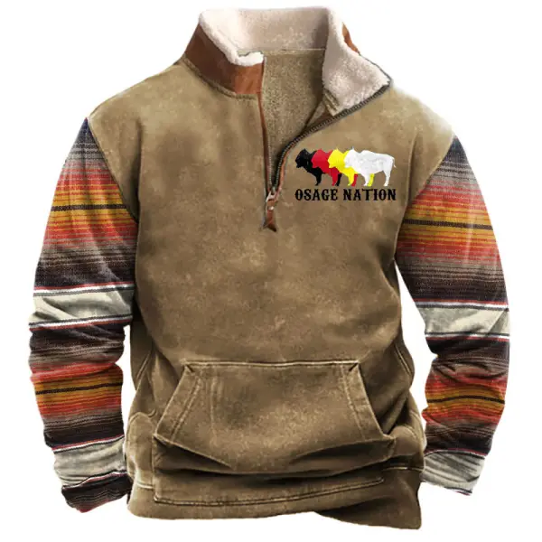 Men's Osage Nation Indian Western Stripe Print Sweatshirt Quarter Zip Plush Collar Vintage Daily Tops - Anurvogel.com 