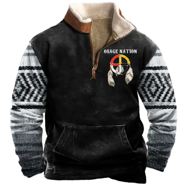 Men's Osage Nation Indian Western Stripe Print Sweatshirt Quarter Zip Plush Collar Vintage Daily Tops - Nicheten.com 