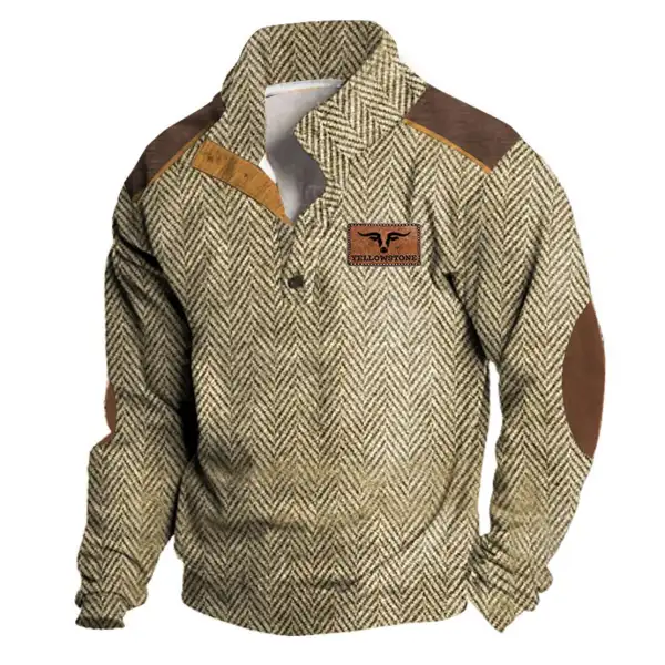Men's Sweatshirt Yellowstone Herringbone Print Stand Collar Buttons Color Block Vintage Daily Tops - Dozenlive.com 
