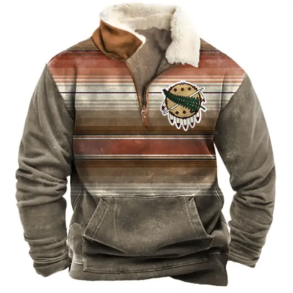 Men's Oklahoma Osage Shield Western Stripe Print Sweatshirt Quarter Zip Plush Collar Vintage Daily Tops - Anurvogel.com 