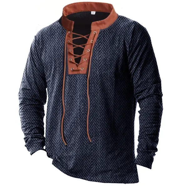 Men's HERRINGBONE Stand Collar Long Sleeve Shirt Outdoor Casual Top - Nicheten.com 