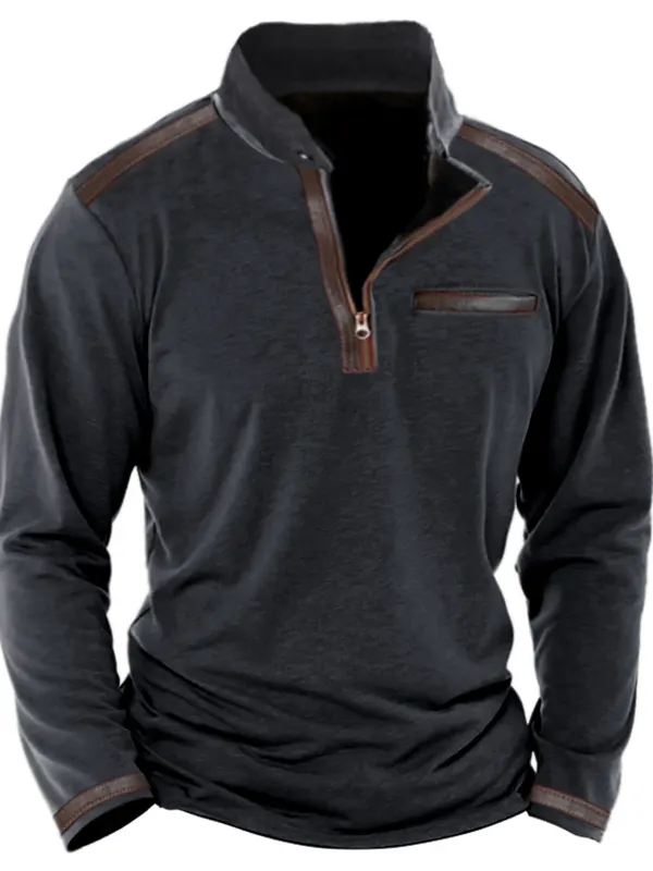 Men's Stand Collar 1/4 Zip Vintage Contrast Color Leather Web Long Sleeve T-Shirt  