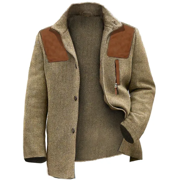 Men's Herringbone Blazer Suede Stitching Retro Business Casual Coat - Cotosen.com