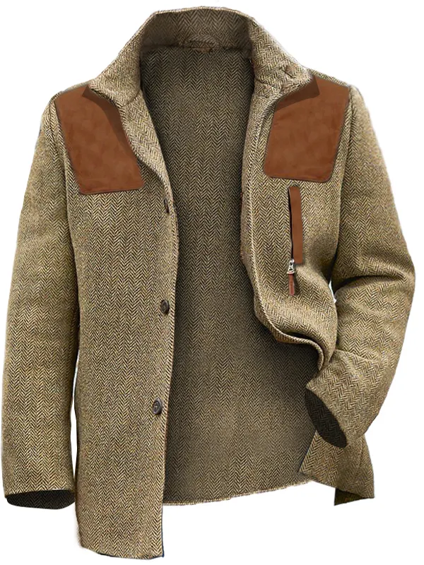 Men's Herringbone Blazer Suede Stitching Retro Business Casual Coat - Menwyx.com 