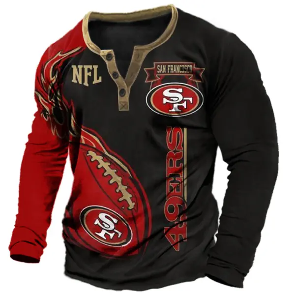 Men's San Francisco 49ers Printed NFL Super Bowl Casual Long Sleeve Henley T-shirt 