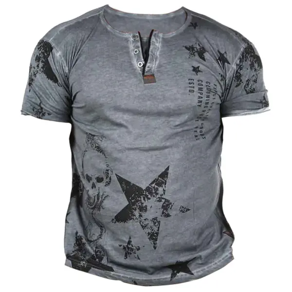 Men's Retro Rock Hip Hop Print Casual Short Sleeve Henley T-Shirt - Kalesafe.com 