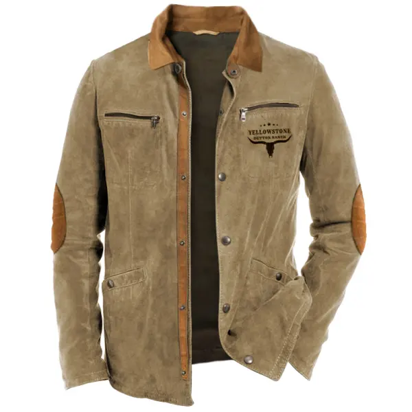 Men's Retro Yellowstone Workwear Zipper Pocket Elbow Patch Shirt Jacket Outdoor Mid-Length Casual Lapel Outerwear - Manlyhost.com 