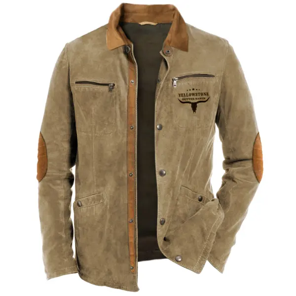 Men's Retro Yellowstone Workwear Zipper Pocket Elbow Patch Shirt Jacket Outdoor Mid-Length Casual Lapel Outerwear - Rabclub.com 