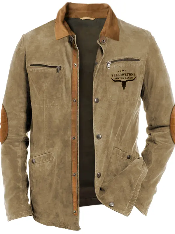 Men's Retro Yellowstone Workwear Zipper Pocket Elbow Patch Shirt Jacket Outdoor Mid-Length Casual Lapel Outerwear - Menwyx.com 