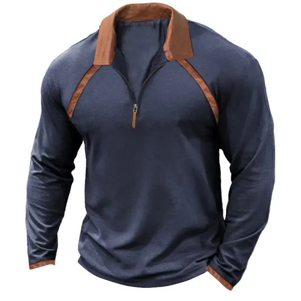 Men's T-Shirt Zipper Polo Patchwork Leather Long Sleeve Vintage Outdoor Color Block Daily Tops - Manlyhost.com 