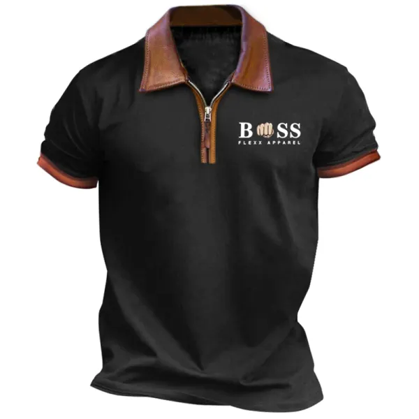 Men's BOSS 1/4 Zip Leather Lapel Casual Short Sleeve T-Shirt - Ootdyouth.com 