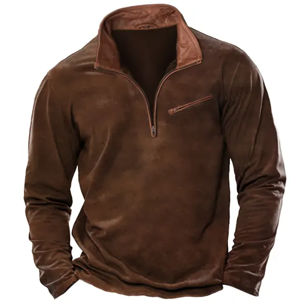 Men's T-Shirt 1/4 Zip Leather Lapel Long Sleeve Vintage Pocket Everyday Pullover - Blaroken.com 