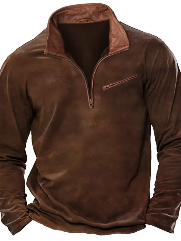 Men's T-Shirt 1/4 Zip Leather Lapel Long Sleeve Vintage Pocket Everyday Pullover - Pragmaace.com 