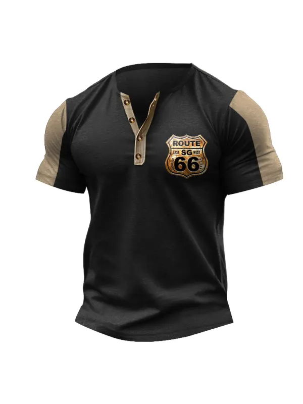 Men's T-Shirt Henley Route 66 Color Block Outdoor Short Sleeve Summer Daily Tops - Timetomy.com 