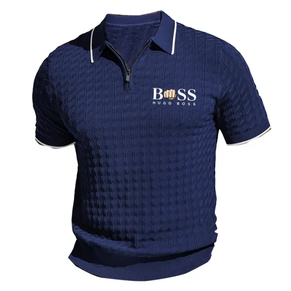 Men's Boss Knit Polo Shirts Short Sleeve Quarter Zip Polo Shirt Waffle Business Casual Daily Tee - Manlyhost.com 