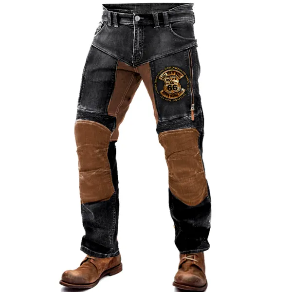 Men's Route 66 Motorcycle Pants Outdoor Vintage Yellowstone Washed Cotton Washed Zippered Pocket Trousers - Cotosen.com