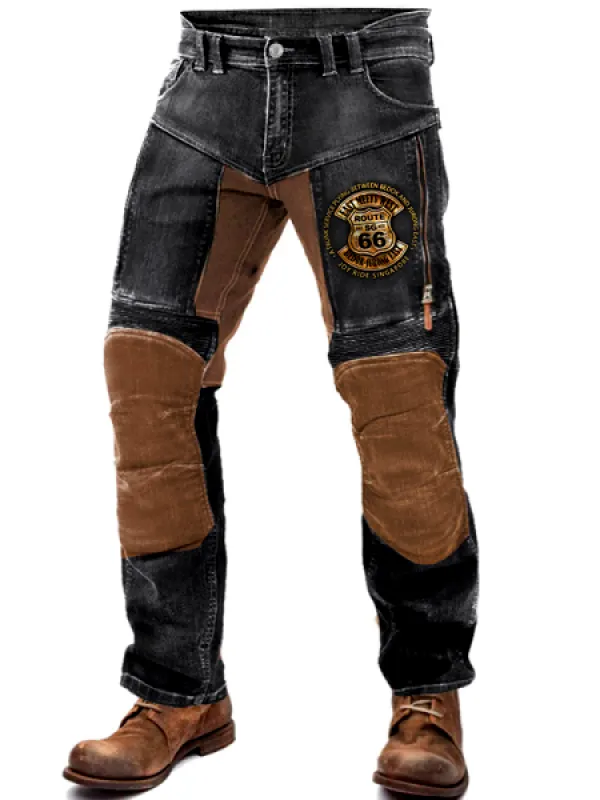 Men's Route 66 Motorcycle Pants Outdoor Vintage Yellowstone Washed Cotton Washed Zippered Pocket Trousers - Menwyx.com 