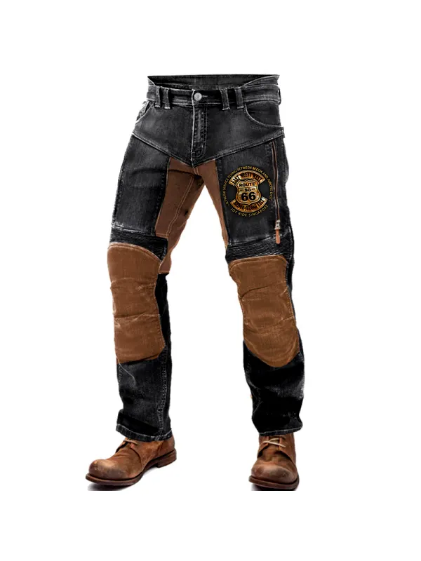 Men's Route 66 Motorcycle Pants Outdoor Vintage Yellowstone Washed Cotton Washed Zippered Pocket Trousers - Timetomy.com 