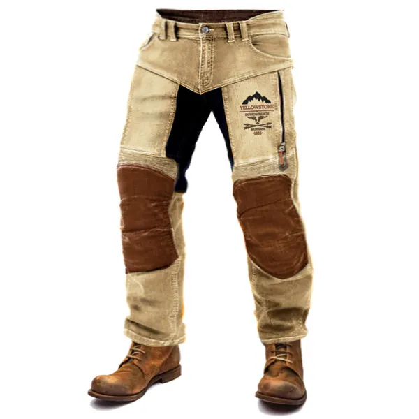 Men's Motorcycle Pants Outdoor Vintage Yellowstone Washed Cotton Washed Zippered Pocket Trousers - Spiretime.com 
