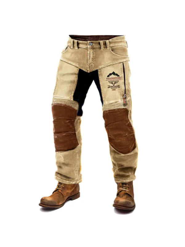 Men's Motorcycle Pants Outdoor Vintage Yellowstone Washed Cotton Washed Zippered Pocket Trousers - Timetomy.com 