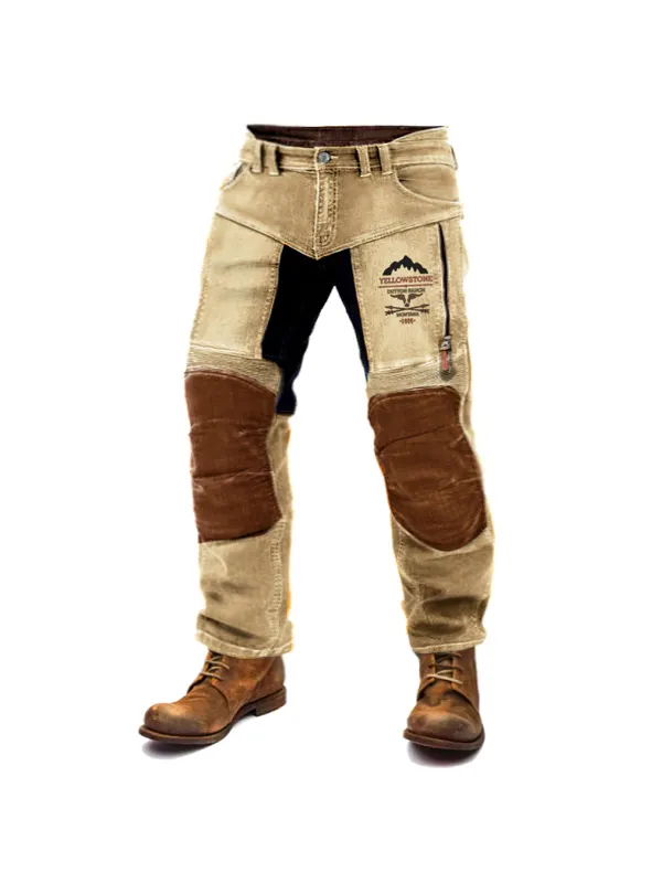 Men's Motorcycle Pants Outdoor Vintage Yellowstone Washed Cotton Washed Zippered Pocket Trousers - Anrider.com 