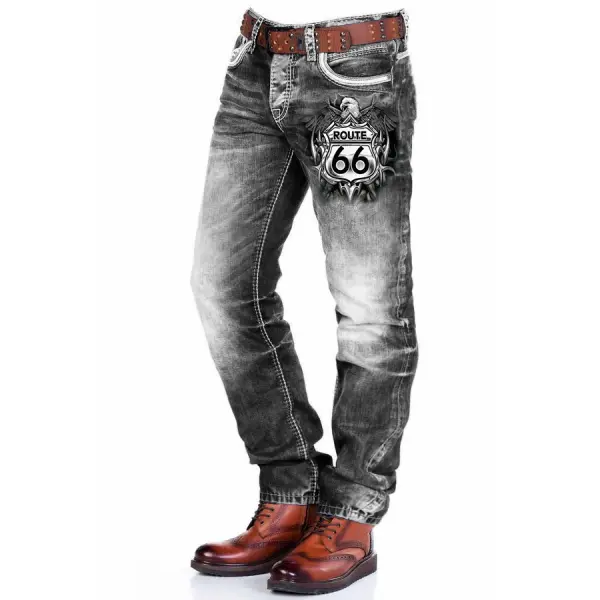 Men's Eagle Route 66 Print Pants Outdoor Vintage Washed Cotton Daily Work Trousers - Manlyhost.com 