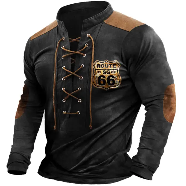Men's T-Shirt Route 66 Lace-Up Stand Collar Vintage Long Sleeve Colorblock Outdoor Daily Tops Black - Manlyhost.com 