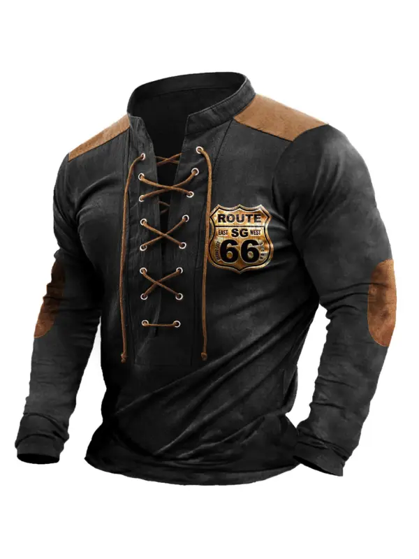 Men's T-Shirt Route 66 Lace-Up Stand Collar Vintage Long Sleeve Colorblock Outdoor Daily Tops Black - Spiretime.com 