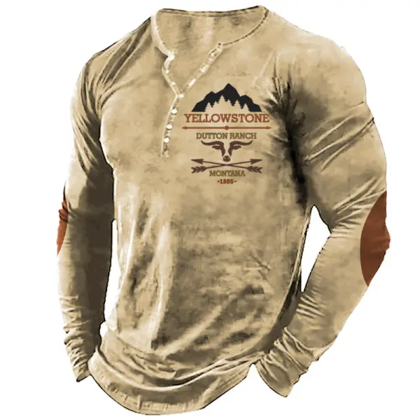 Men's T-Shirt Henley Yellowstone Dutton Ranch Print Long Sleeve Contrast Color Vintage Daily Tops - Elementnice.com 