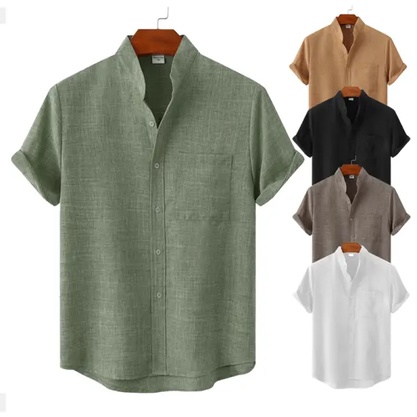 Men's T-Shirts Men's Linen Shirt Henley Shirt Front Pocket Casual Shirt Black Short Sleeve Plain Hawaiian Holiday Clothing green white khaki Summer - Cotosen.com