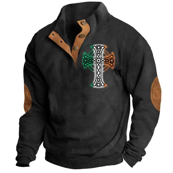 Men's Sweatshirt Irish Celtic Cross St. Patrick's Day Stand Collar Buttons Vintage Daily Tops - Dozenlive.com 