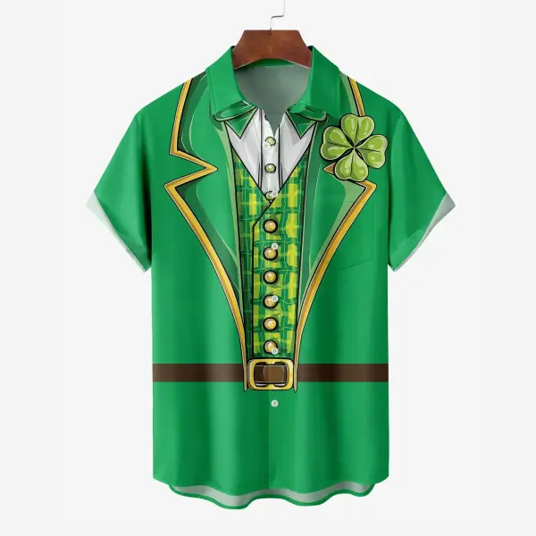 Men's St. Patrick's Day Lucky Clover Irish Tuxedo Hawaiian Summer Vacation Short Sleeve Shirt - Yesunshine.com 