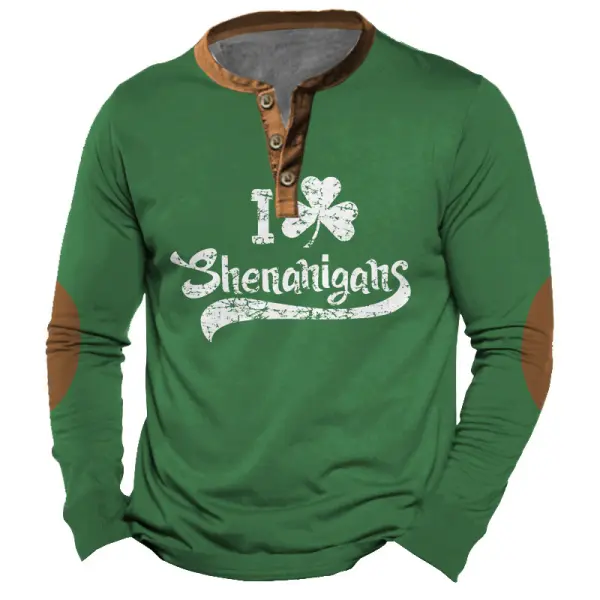 Men's T-Shirt Henley Shenanigans St. Patrick's Day Shamrock Lucky Color Block Long Sleeve Vintage Daily Tops - Dozenlive.com 