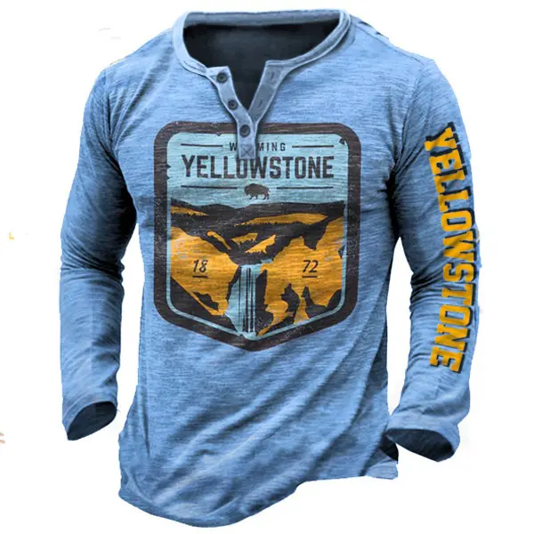 Men's Henley Neck Long Sleeve Yellowstone Print Top - Anurvogel.com 