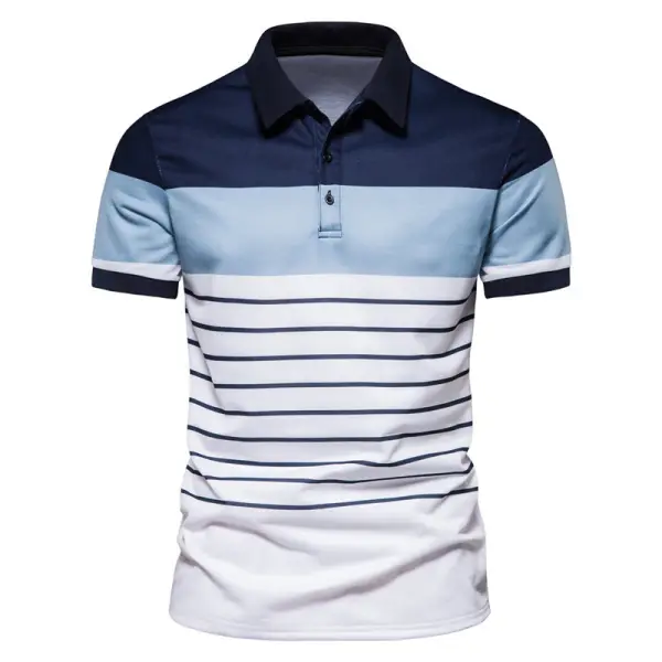 Men's Fashionable Striped Patchwork Contrasting Color Short Sleeved Lapel Polo Shirt - Manlyhost.com 
