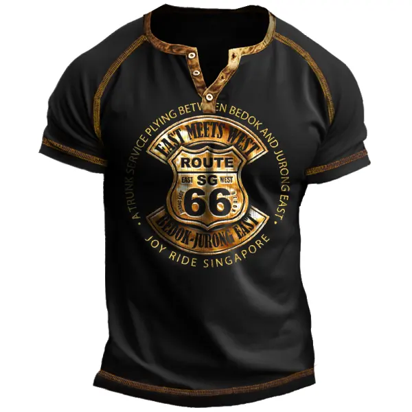 Men's Vintage Route 66 Henley Neck T-Shirt - Cotosen.com